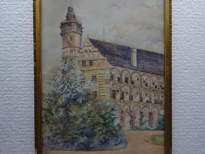 Zámek Velké Losiny - akvarel sign. 1928 , okres Šumperk Jeseníky