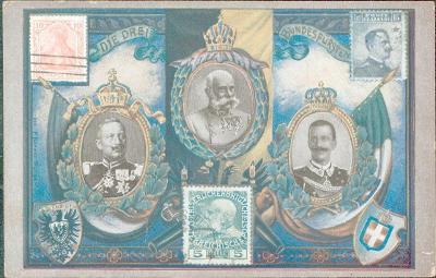 30A1037 Známková pohlednice Franz Josef I., Wilhelm II. a Emanuel III.