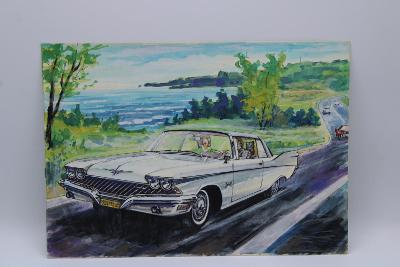 Akvarel originál malba - Americký vůz 21 x 29,5 cm