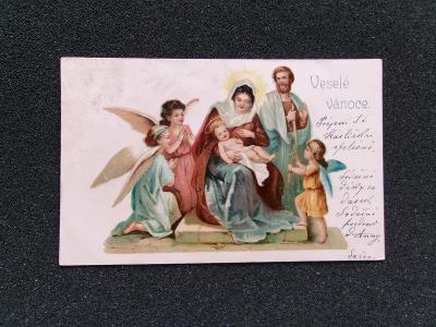 Pohlednice  přání Vánoce Nový rok litografie Svatá rodina  anděl