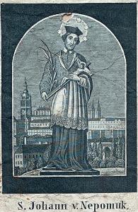 Starý svatý obrázek církevní rytina svátostka sv. Jan Nepomucký Praha 