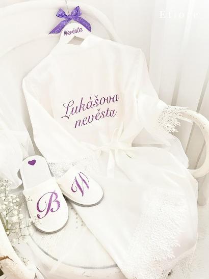 Luxusní bílý saténový župan pro nevěstu s krajkou - nápis na přání - Oblečení, obuv a doplňky