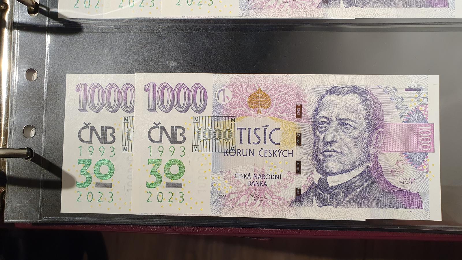 Výročná 1000 Kč ČNB, 3 ks série R 74, stav UNC - Bankovky