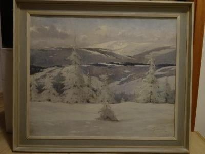 Obraz olej Bedřich Béďa Peroutka Krajina v zimě obří rám 1m x 85cm