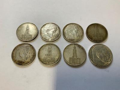 Stříbrné mince, 5 marek mix roků, 8 kusů