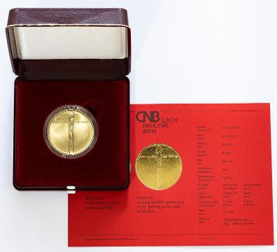 vzácná, zlatá mince ČNB 10.000,- Jan Hus, BK, emise jen 2.100 ks