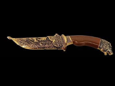 Starý kovový dekorativní sběratelský meč křižák - nůž - dýka s tygrem