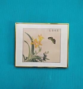 Starý sběratelský japonský obraz, akvarel, Motýl, květ. Japan Art