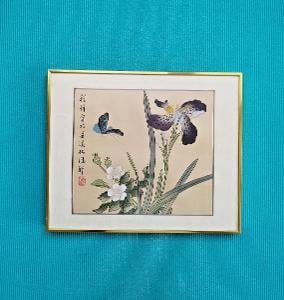 Starý sběratelský japonský obraz, akvarel, Motýl, květ. Japan Art