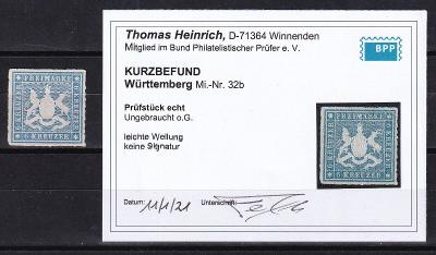 Wurttemberg č.32b (Mi. 400 Euro za *) (*) Attest (viz.obrázky a popis