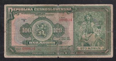 VZÁCNÁ JEDNOPÍSMENKOVÁ  100 KORUNA 1920 