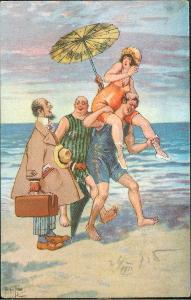 25A2535 Karikatura - žena a muži na pláži