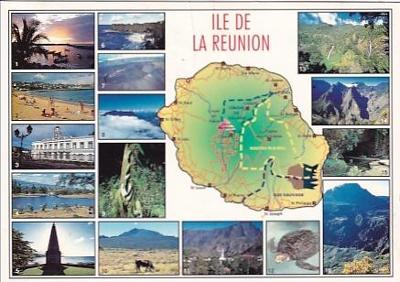 Francie, ostrov Reunion,  mapa a pár zajímavostí, prošlá se známkou