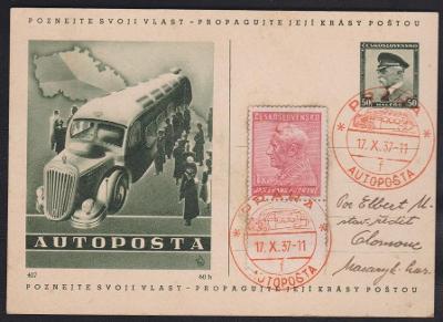 Korespondenční lístek autopošta Praha 1937