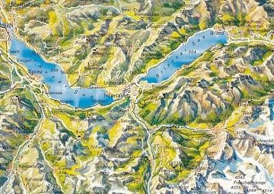 Švýcarsko, mapka okolí Interlakenu a jezer Thunn a Brienz, prošlá 
