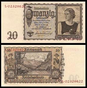 NĚMECKO 20 Reichsmark 1939 P-185 Ro. 178a UNC
