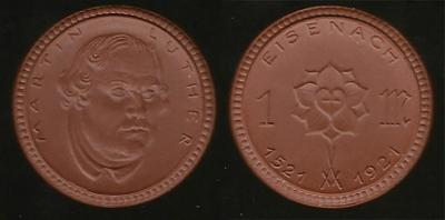 Vzácná nouzove mince - porcelan - Misto EISENACH  - 1 Mark - 1921