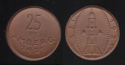 Nouzove mince - porcelan - Misto AMBERG - 25 Pfennig - 1921