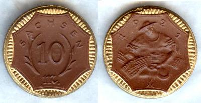 Nouzove mince - porcelan - SACHSEN - 10 Mark - 1921