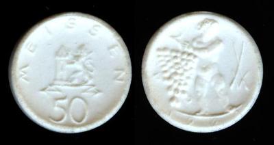 Nouzove mince - porcelan - Misto Meissen - Míšeň - 50 Pfennig - 1921