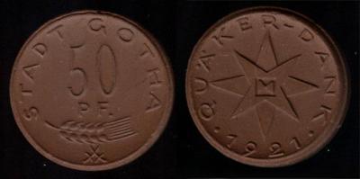 Nouzove mince - porcelan - Misto  GOTHA - 50 Pfennig - 1921