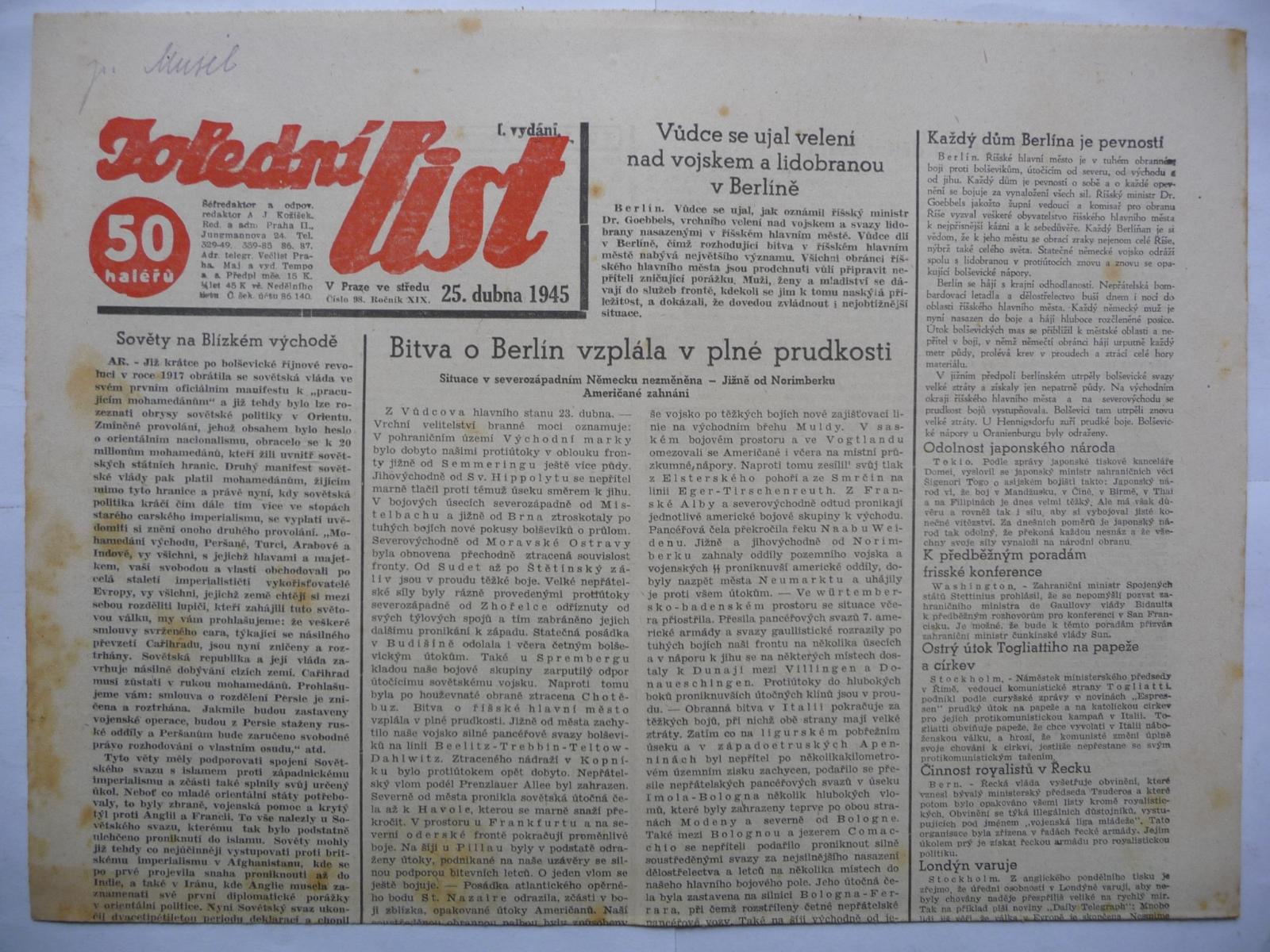 Staré noviny - Poludňajší list - číslo 98. z 25. apríla roku 1945 - undefined