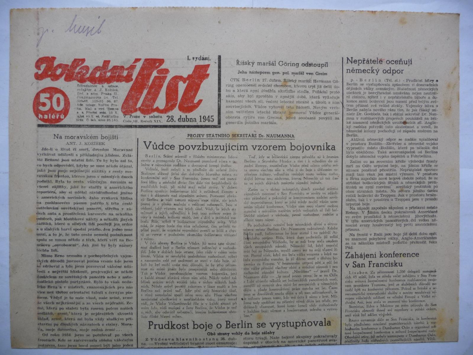 Staré noviny - Poludňajší list - číslo 101. z 28. apríla roku 1945 - undefined
