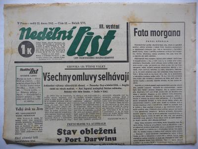 Staré noviny - Nedělní list - číslo 52. z 22. února roku 1942