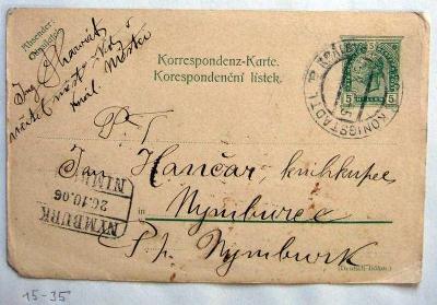 Korespondenční lístek RAKOUSKO 1906 Královské město do Nymburka /15-35