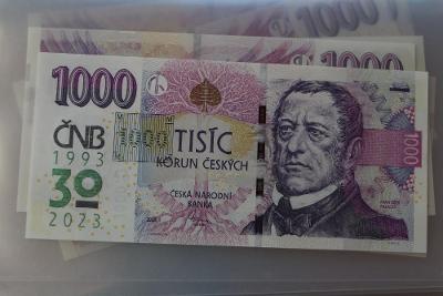 1000 Kč s přítiskem ČNB výroční bankovky 30 let, série R76 