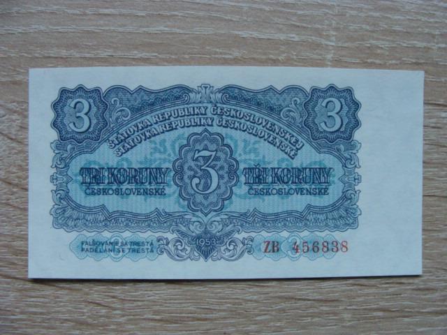 3 Kčs 1953 ZB 456838 UNC, originál foto, TOP bankovka z mojej zbierky - Bankovky