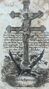 Vzácná barokní rytina zdobený církevní svatý obrázek kříž Kuks 1742 RR