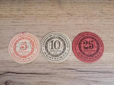 3 papírové válečné mince 5+10+25 Centim. 1916 Montauban Francie Evropa