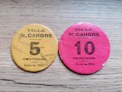 2 kartonové válečné mince 5 a 10 Centim. 1914-18 Cahors Francie Evropa
