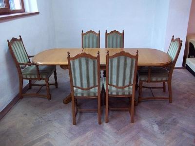 113 Rustikální rozkládací dřevěný stůl a 6 židlí - masiv 