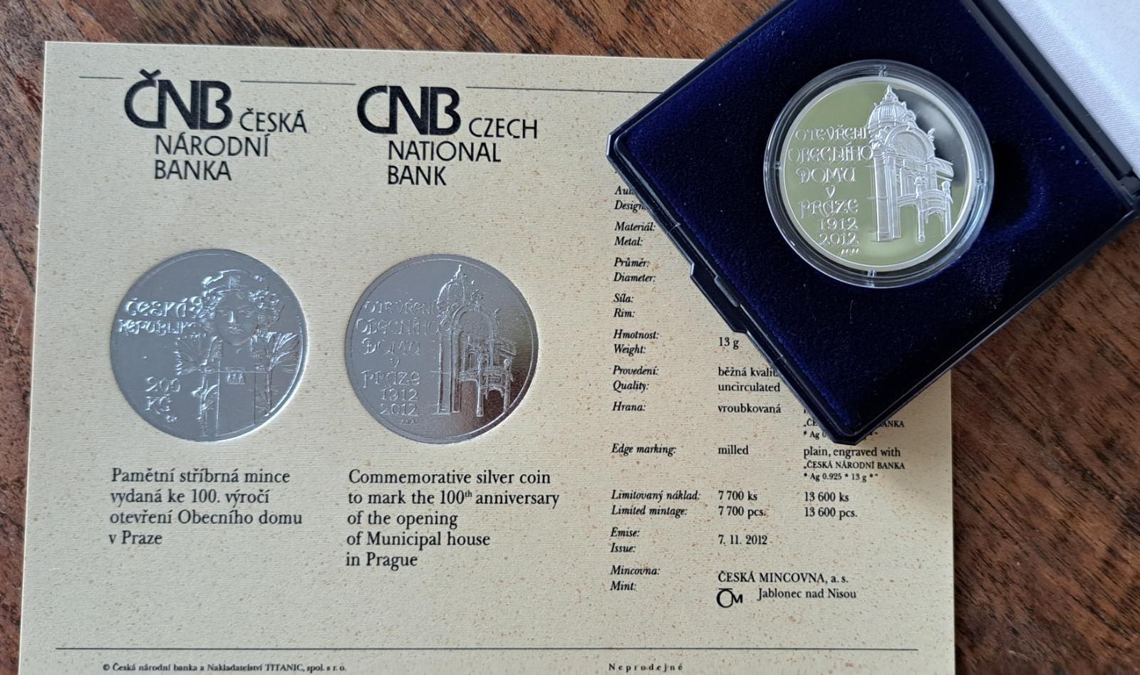 Pamätná strieborná minca 200 Kč - 100. výročie otvorenia Obecného domu,2012 - Numizmatika