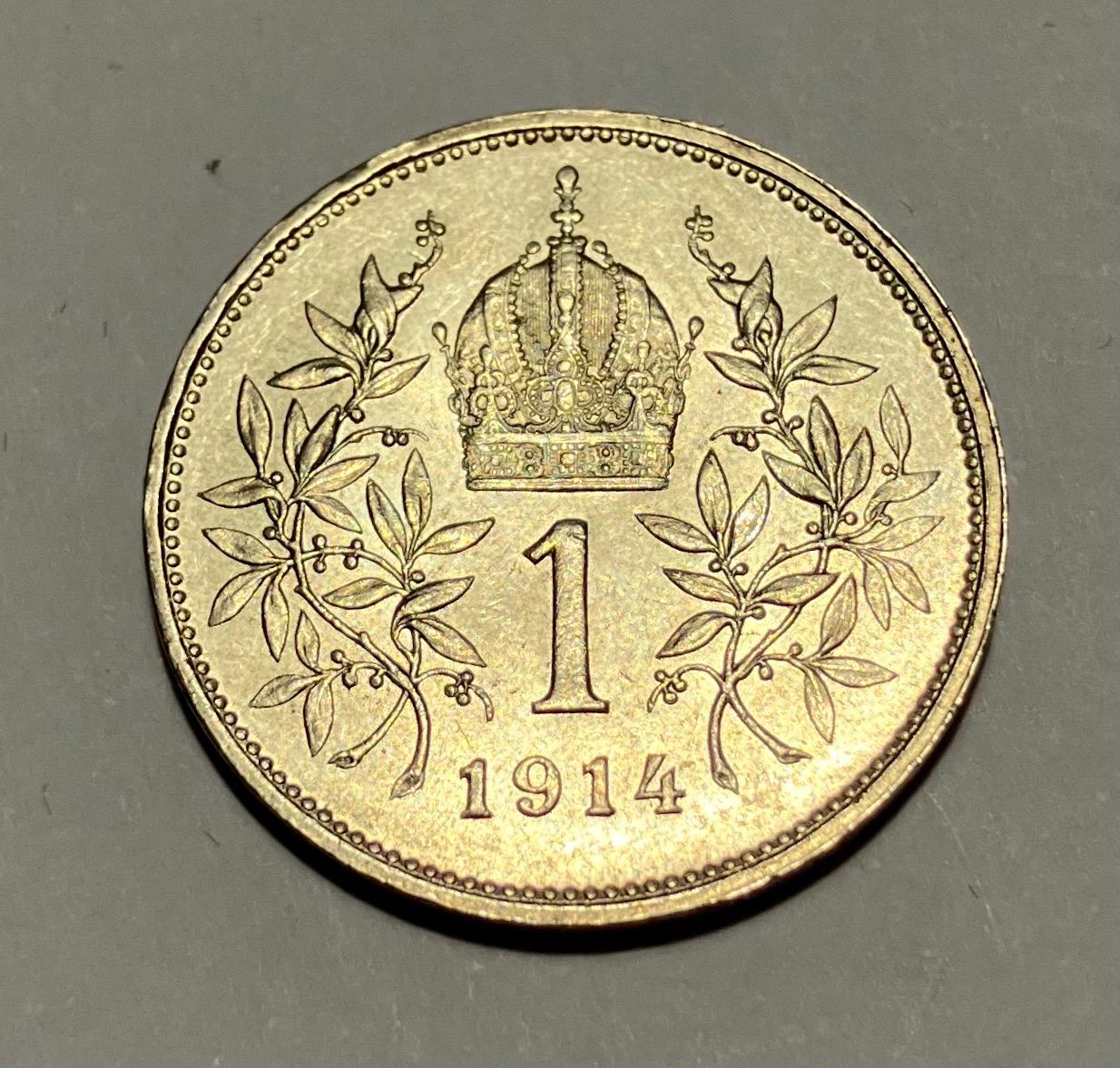 1 Korona corona koruna 1914 b.z. - patina Ag - Numizmatika