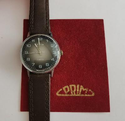 Pánske hodinky Prim tabuľa so vzácnym černošedým ciferníkom, zachovalé