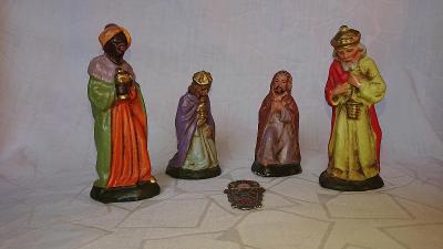 Starožitné betlémové figurky - Josef a 3 králové papírmaš + jezulátko