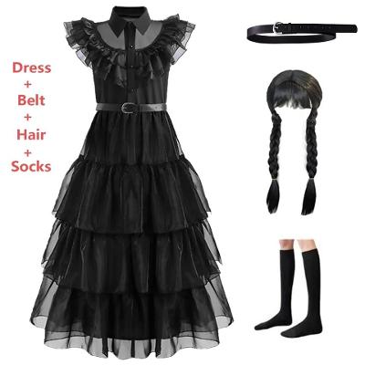 Šaty kostým pro děti Wednesday Addams paruka, pásek podkolenky 