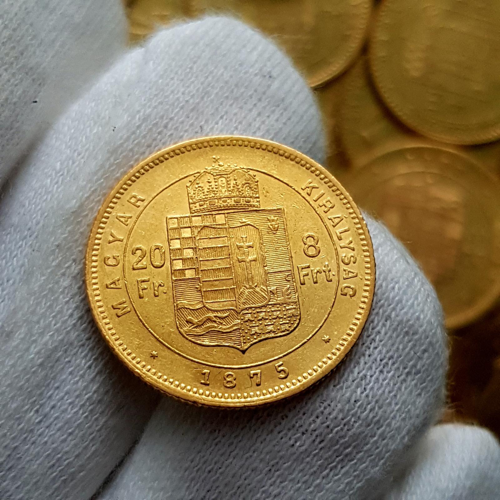 Uhorský 8 Zlatník/20 Frank 1875 KB , František Jozef I., zlatá minca - Numizmatika