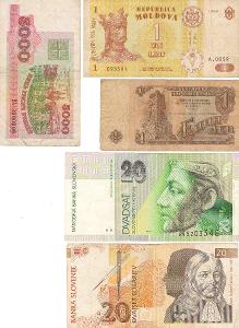 Pět bankovek z oběhu - Moldávie, Bělorusko, Slovinsko, Slovensko, BLR