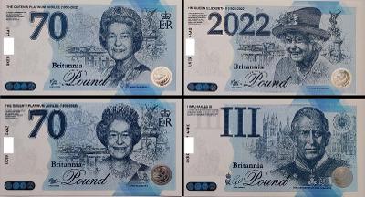 4x pamätná bankovka Britannia Pound SET (1x Karol III + 3x Alžbeta)