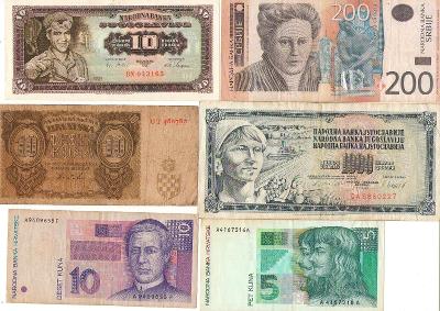 Šest bankovek - Chorvatsko, Srbsko, Jugoslávie - z oběhu