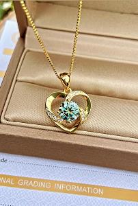 Zlatý Náhrdelník srdca modrý zelený diamant moissanit moissanite 1 ct.