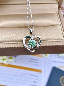 Náhrdelník srdce modrý zelený 925 diamant moissanit moissanite 1 ct.
