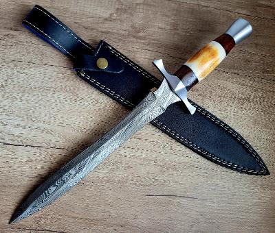 veľká lovecká Damasková dýka / meč 39,5 cm s koženým puzdrom