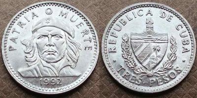Kuba 3 Pesos 1992 sbírková  CHE  !!!