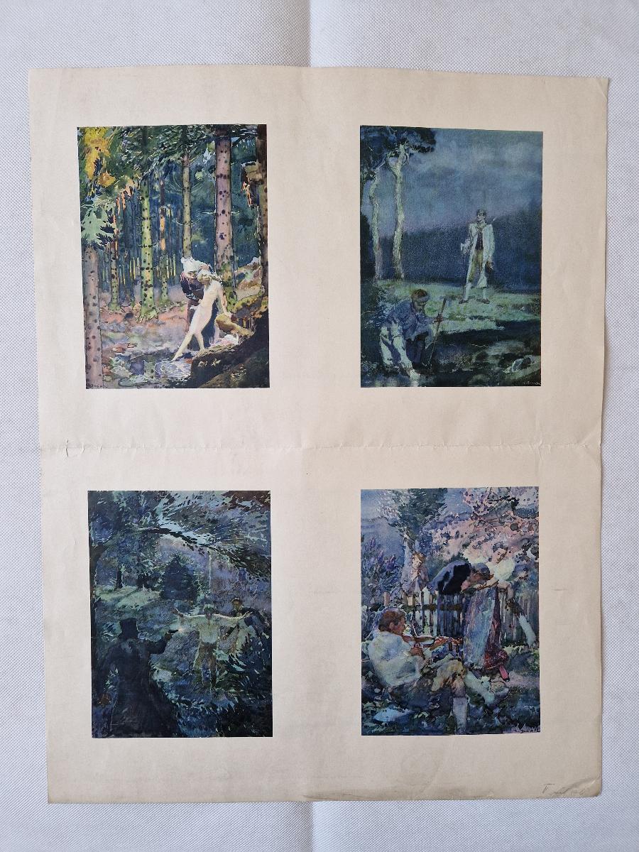 Tiskový arch 4x ilustrace Zdeněk Burian Němcová Pohorská Vesnice 1942 - Umění