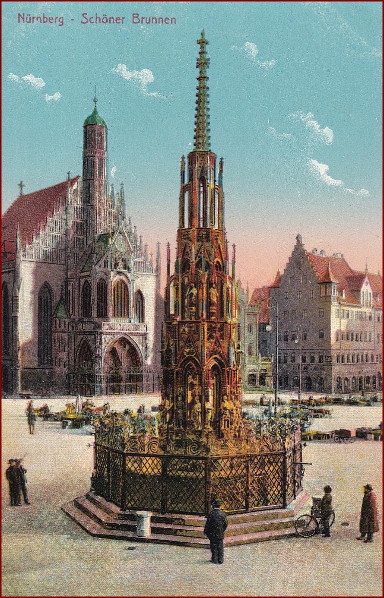 Nürnberg * Schöner Brunnen, kašna, část náměstí * Německo * Z171 - Pohlednice